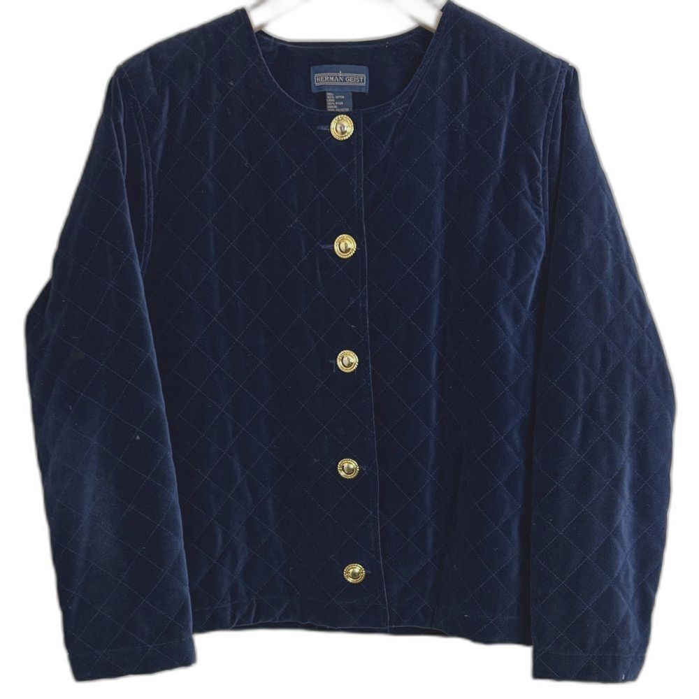 VTG Herman Geist Blue Quilted Velvet Blazer Gold Buttons L Old Money Minimalist